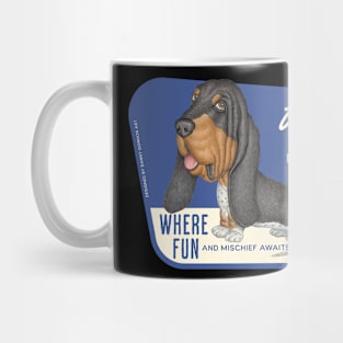 Funny Basset Hound posing on Bassetville, USA sign Mug